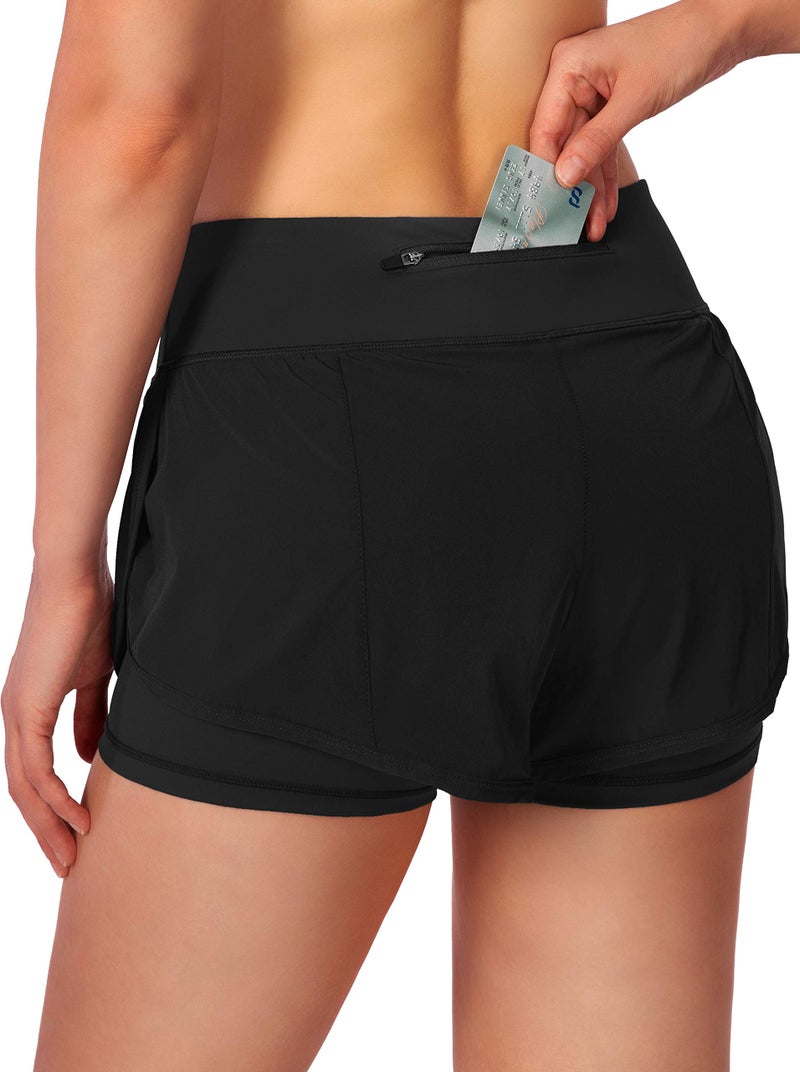 Soothfeel Women's 2 in 1 Running Shorts Workout Athletic Gym Yoga Shorts for Women with Phone Pockets Black - Image 2